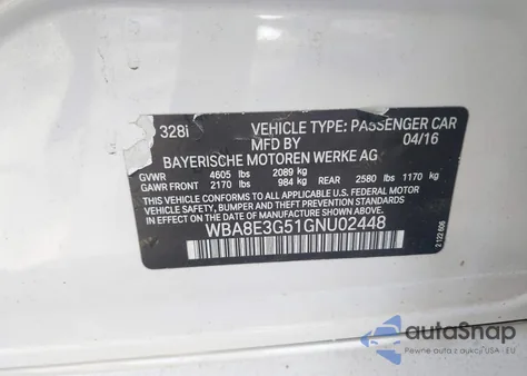 2016 BMW 328I xDrive z USA, uszkodzony, nr VIN WBA8E3G51GNU02448